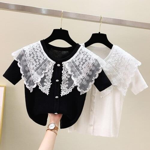 New Korean Fashion Summer Short Sleeve Ins Lace Collar Cardigan Knitted Tops Womens Designers Solid White T Shirts Casual Female