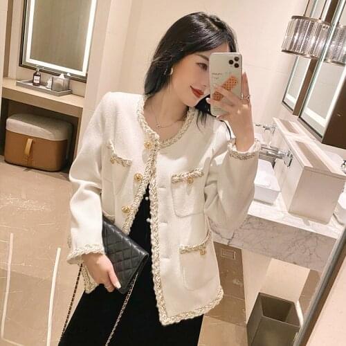 2021 autumn new women white o-neck twist woolen coats buttons pockets celebrity elegant short jacket A459