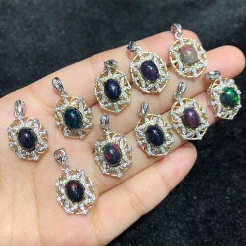 Pave CZ Setting 925 Sterling Silver Ethiopia Natural Black Opal Pendant Necklace For Women Gift