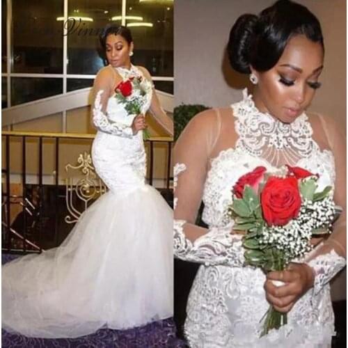 Halter Neck Illusion Sleeve Vintage Emboridery Mermaid Wedding Dress Africa fashion Long Sleeve White Wedding Gown W0379
