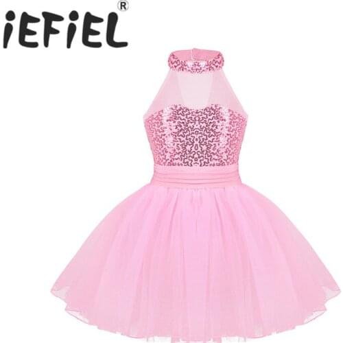 IEFiEL Kids Girls Children Sequins Ballet Dance Gymnastics Leotard Dress Girls Stage Performance Dancewear Tutu Tulle Dresses