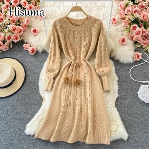 2021 autumn winter new womens O-neck lantern sleeve lace-up knitted A-line dress female Chic elegant waist sweater dresses