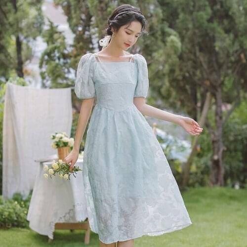 Summer Dress Female French First Love Fairy Dresses Women Jacquard Square Neck Short Sleevee Dress Vestidos