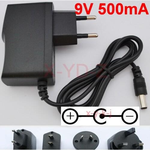 1PCS 9V 500mA 0.5A AC/DC Switching Power Supply adapter Reverse Polarity Negative Inside EU US AU UK plug 5.5mm x 2.1mm-2.5mm