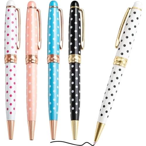 5pcs/lot Wholesale New creative white dot rotating ballpoint pen black blue ink stationary school supplies custom logo