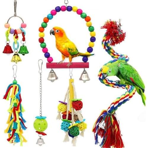 6 PCS Bungee Bird Cage Toys Parrots Reliable & Chewable Swing Hanging Chewing Bite Bridge Wooden Beads Ball Bell Birds Toy