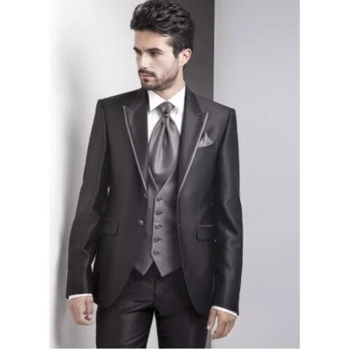 Shiny Black Groom Tuxedos Mens Party Prom Dress Work Business Suits Blazer Sets (Jacket+Pants+Vest+Tie) K:769