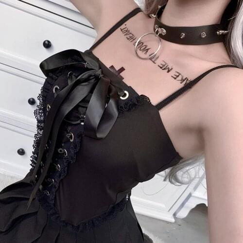 Black Cotton& Lace Ruffles Front Lace Up Spagetti Strap Sexy Camisole Gothic Tank Top For Women Party Clubwear Steampunk Clothes