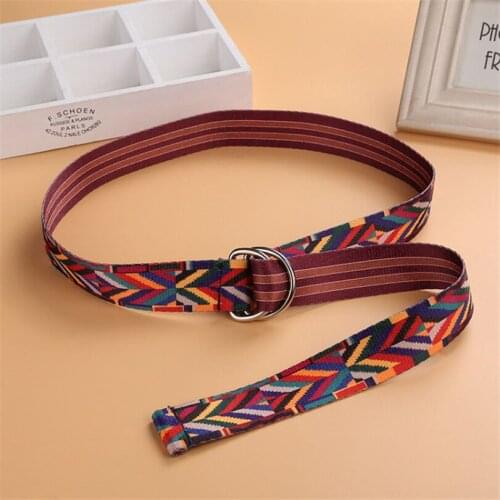 Boho Colorful Women Canvas Belt Fashion Print Knotted Long Belts For Female Girl Double D Ring Buckle Belt Punk Rock Waist Strap