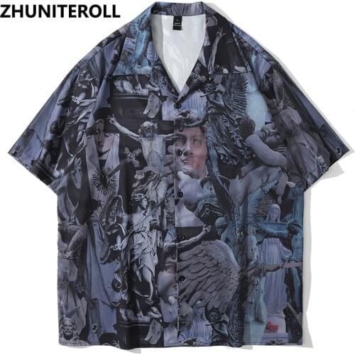Fashion Statue Print Hawaiian Beach Shirts Hip Hop Short Sleeve Button Up Streetwear Trends Shirt Mens Summer Black Clothing
