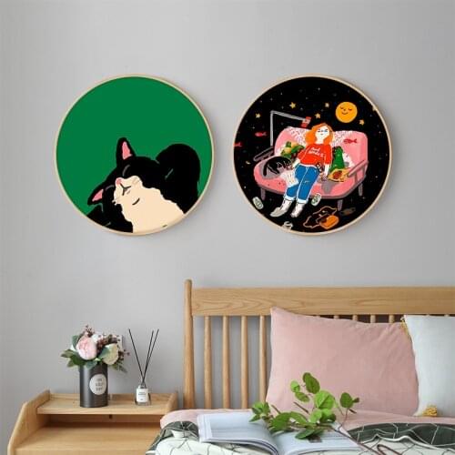 Canvas Pictures Home Deco Round Paintings Cartoon Animal Cat FishWall Art Nordic Creative Printed Poster Modular For Living Room