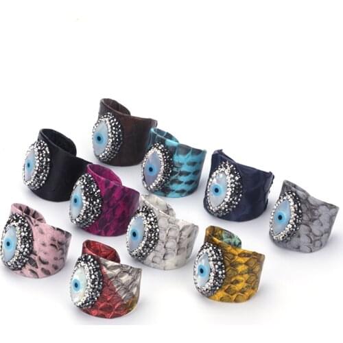 KEJIALAI Luxury Shell Evil Eye Bead Charm Pave Rhinestone Pink Black Blue Yellow Snake Leather Adjustable Open Rings Cuff Women