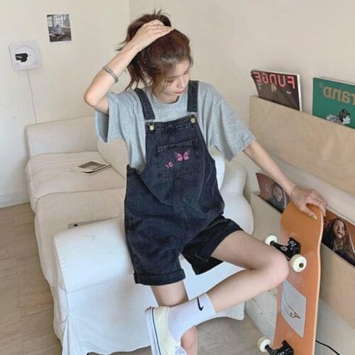 Playsuits Women Denim Butterfly Embroidery Loose Korean Simple Chic Leisure Female Jeans Rompers Overalls Pantalones Mujer Femme