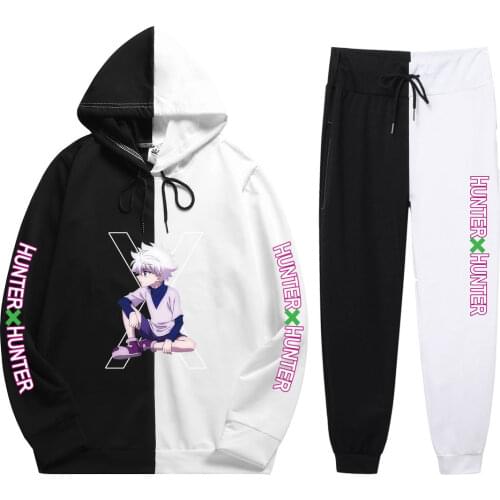 Unisex 2 Pieces Sets Anime Killua Hunter X Hunter Harajuku Print Patchwork Thin Hoodie+Patchwork Pants Casual Clothes Summer