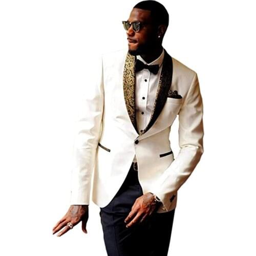 Custom Made Groomsmen Ivory Groom Tuxedos Shawl Pattern Lapel Men Suits Wedding Best Man Blazer ( Jacket+Pants+Tie ) C496