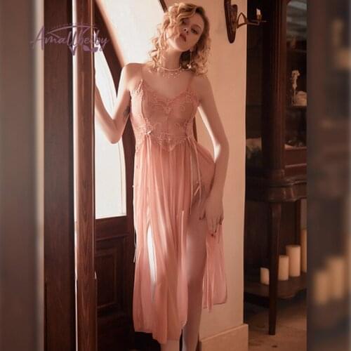 Lace Sling Long Nightdress Thin Homewear Nightwear Sleeveless Nightgown Night Dress Sexy Womens Sleepwear Mesh Perspective