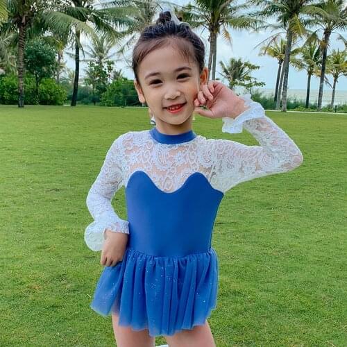 2021 New Big Kids Long Sleeve Sunscreen Swimsuit Baby Girl Lace Patchwork Bikini One-piece Skirt Swimwear Bathing Suit Beachwear