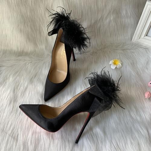 Hot sale designer brand sexy black satin pointed toe with fur on back women lady party performance evening heel pump