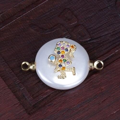 Cute tiny gold colorful cz paved girl kid child charm round coin pearl connector for female women mother jewelry gift