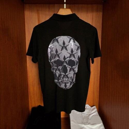 Mens Hot Sale Asian Size 5XL Brand Casual Polo Shirt Super Big Skull Rhinestone Black and White Loose Short Sleeve