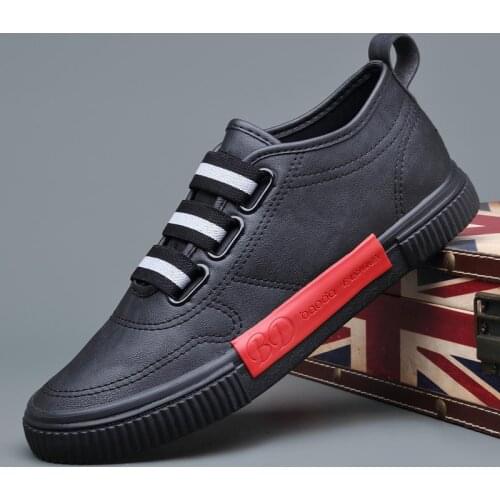 2019 New Mens Vulcanize Sneaker Men Shoes Leather Elastic Black Slip On Sewing Flat Shoes British Men Loafers Leisure Shoes