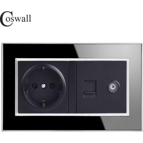 COSWALL EU Standard Wall Socket + Female TV Jack With Internet Computer Data RJ45 CAT5E Connector Black Acrylic Panel
