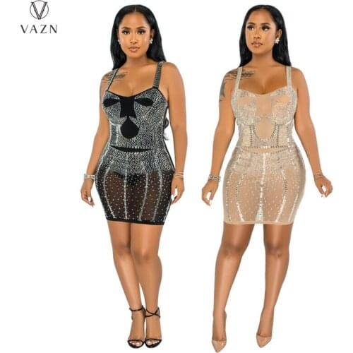 VAZN 2021 Ladies New Fashion Women Sexy Club Party Style Short Dress Sleeveless Round Collar Dress Appliques Mini Short Dress