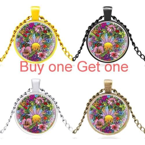 New Arrival Cartoon Flower Sunrise Bronze Glass Dome Charm Pendant Necklace Men Women Jewelry Gifts