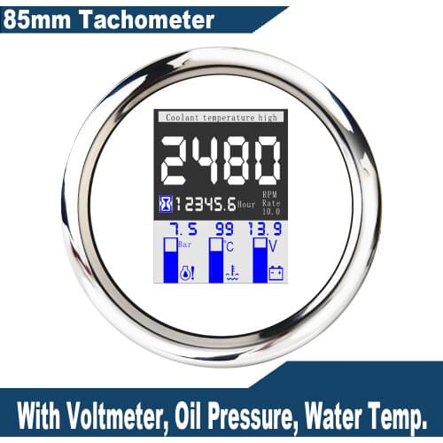 85mm 5 in 1 Multi-functional Gauge Meter Digital Tachometer 9-32V Fuel Level Water Temp Oil Pressure 0~10Bar With Alarm