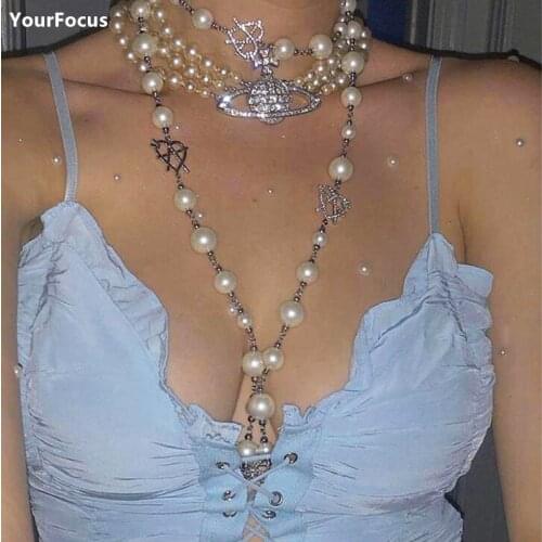 Igirl Necklace For Women pearl Rhinestone heart Long Chain Pendant Necklace Statement sweater Charm Jewelry Gifts