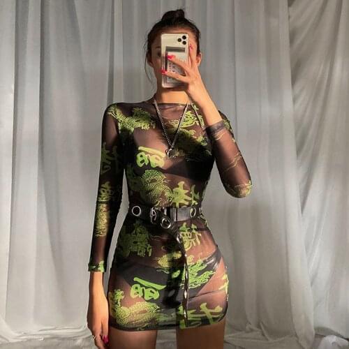 Sexy See-through Printing Mini Dresses Women Long Sleeves O-neck Casual Dress 2020 Spring Summer Bodycon Dress Simple Style