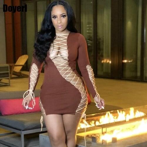 Lace Up Front Sexy Bodycon Mini Dress Women Autumn Long Sleeve Hollow Out Bandage Party Short Dress Night Club Going Out Dress