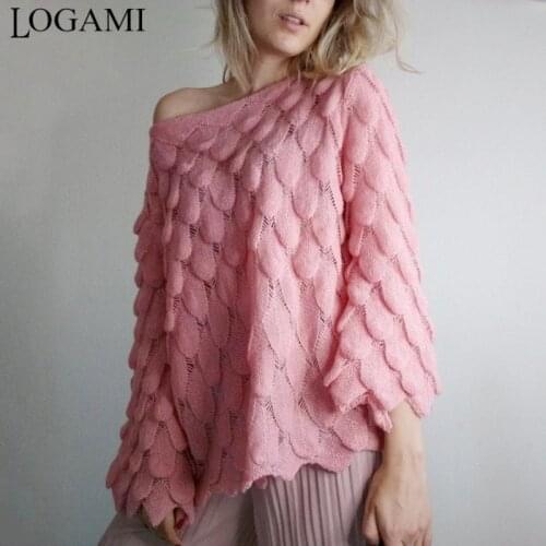 LOGAMI Flare Sleeve Feather Knit Sweater Women Loose Casual Thin Pullover And Sweater Spring Autumn Perspective Womens Top