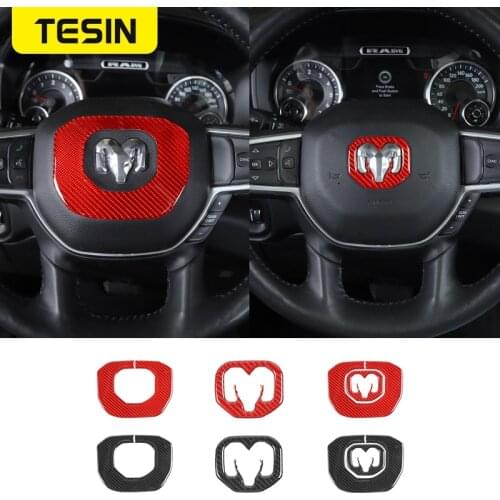 TESIN Carbon Fiber Car Steering Wheel Center Button Decoration Cover Trim Ring Stickers Accessories for Dodge RAM 1500 2018