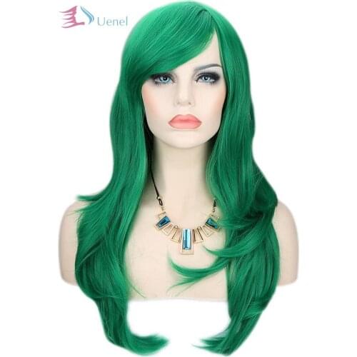 Uenel 24" Green Wavy Wigs with Hair Bangs for Women Girls Heat Resistant Synthetic Soft and Natural Luster Cosplay Costume Wigs