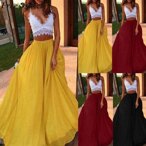Women Chiffon Long Skirts Elastic Waist Pleated A-line Maxi Skirts Beach Boho Vintage High Waist Summer Skirts Faldas Saia 2020