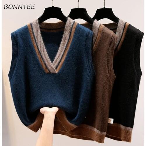 Vests Women Unisex Minimalist V-neck Patchwork Retro All-match Warm Knitting Elegant Cozy Sweater Students Trendy Hipster Chic