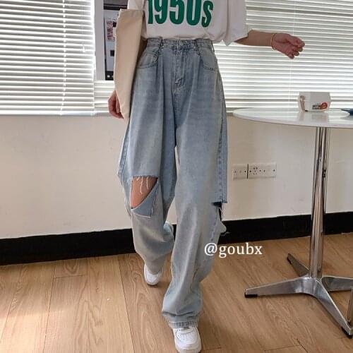 Womens Pants Blue Streetwear Holes Wide Leg Pants Jeans Plus Size 2021 Fashion Harajuku Chic High Waist Casual Straight Pants