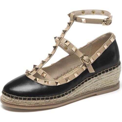 Brand New Rivet Wedge Shoes Woman Ankle Strap Handmade Platform Shoes Women High Heels High Quality