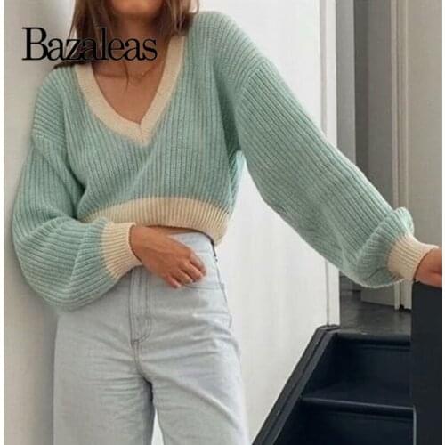 2021 Pull Femme Clothes Slim Blue Tops Winter V Neck Sweater Streetwear Knitted Women