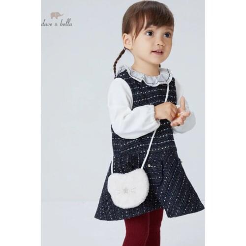 DBM18813 dave bella autumn baby girls fashion pockets dress with a small bag party dress kids infant lolita 2pcs clothes