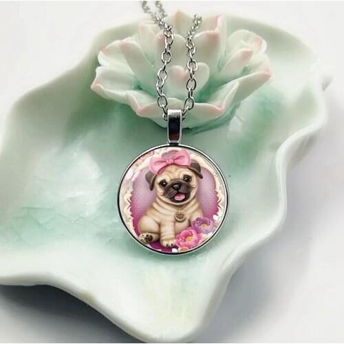 2019 New Charm Fashion Pop Cute Pink Pug Dog Glass Convex Round Pendant Necklace
