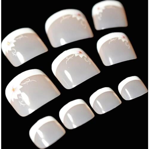 24pcs French Toe False Fake Nails for Foot White Nude Pink Lily Flowers Short Square Toenail tips Faux Ongles For Summer Decor