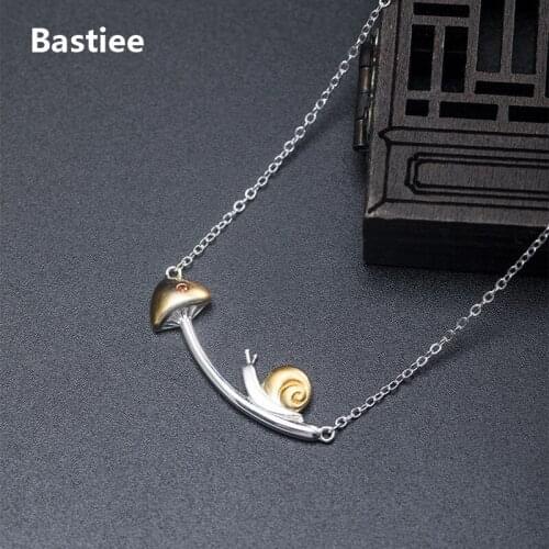Bastiee 925 Sterling Silver Necklace Pendant Zircon Jewelry For Women Accessories Link Chain Mushroom Snail Ins