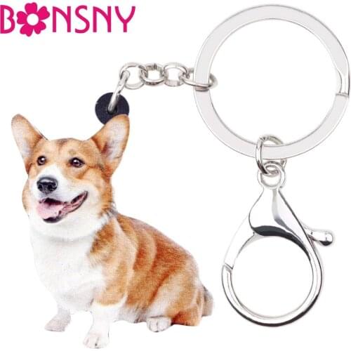 Bonsny Acrylic Sweet Welsh Corgi Pembroke Dog Key Chains Keychain Rings Cute Animal Jewelry For Women Girl Ladies Handbag Charms