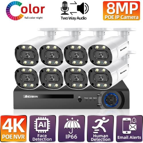 Colorful Night Vision IP CCTV Monitoring Camera Security System Kit 8CH 4K NVR Outdoor Video Surveillance POE IP Cameras System