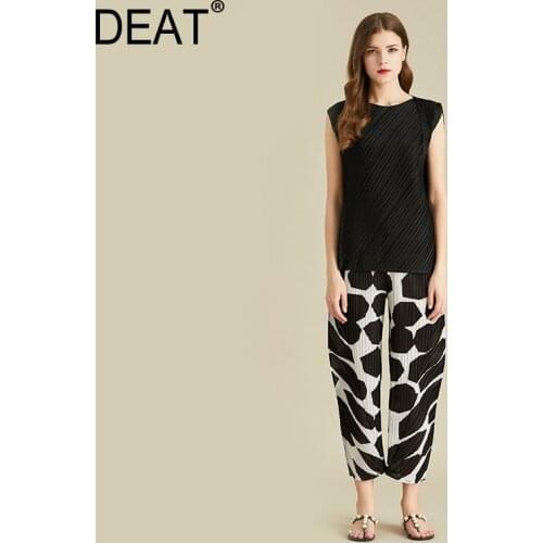 DEAT Pleated Suit Womans Sleeveless Pullover Solid T Shirt + Nine Length Black White Dot Pants 2021 New Summer Fashion HT440