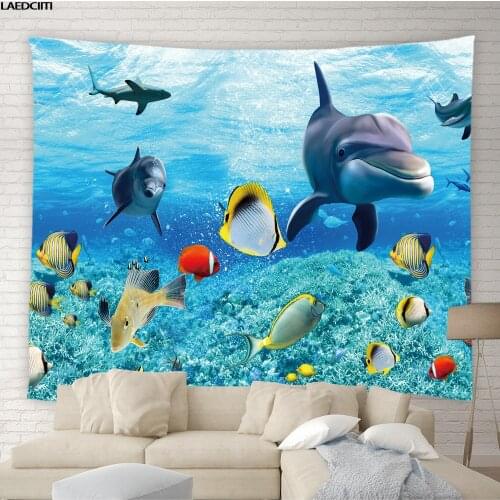 Dolphin Ocean Scenery Tapestry Turtle Tropical Fish Animal Background Wall Hanging Cloth Living Room Child Bedroom Home Decor