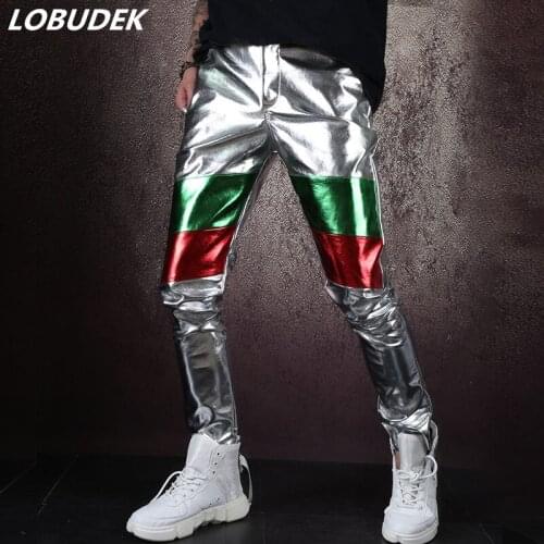Punk Silver PU Leather Long Pants Splicing Color Trousers Nightclub Tide Male Singer Dancer Stage Performance Leather Pants