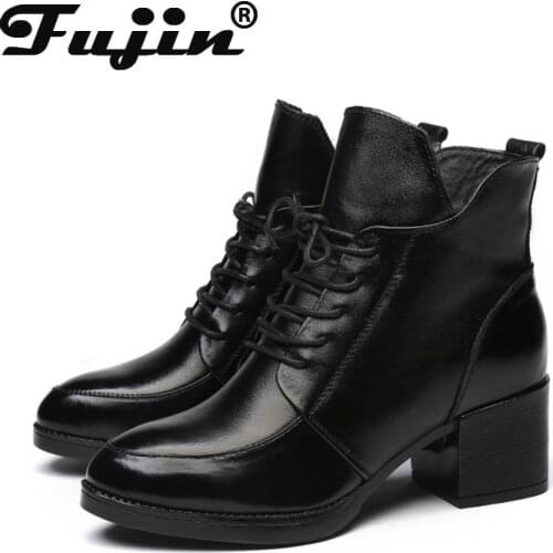 Fujin women boots winter genuine leather cow waterproof ankle fashion square heel bloack pumps plush warm ankle boots snow lady